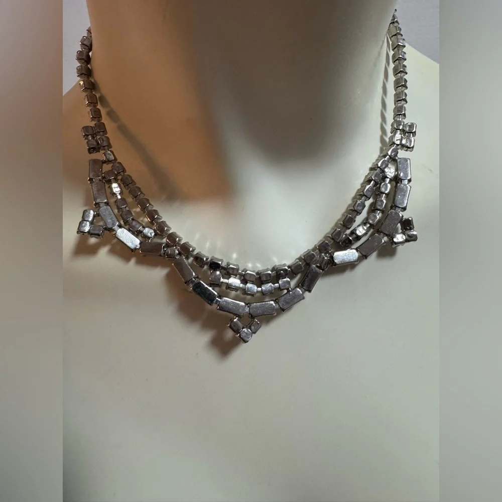 Vintage Milk Glass Rhinestone Bib Necklace Mid Century - Bridal, Formal, Prom